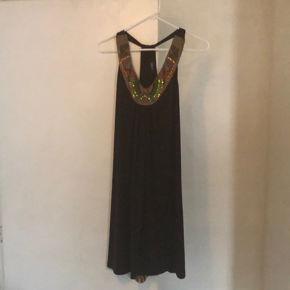 Brown night out dress with statement neckline